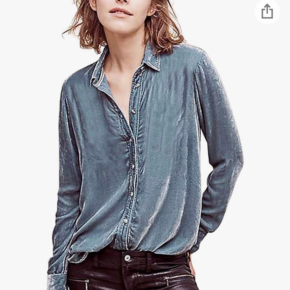 Ice Blue Velvet Button Front Shirt